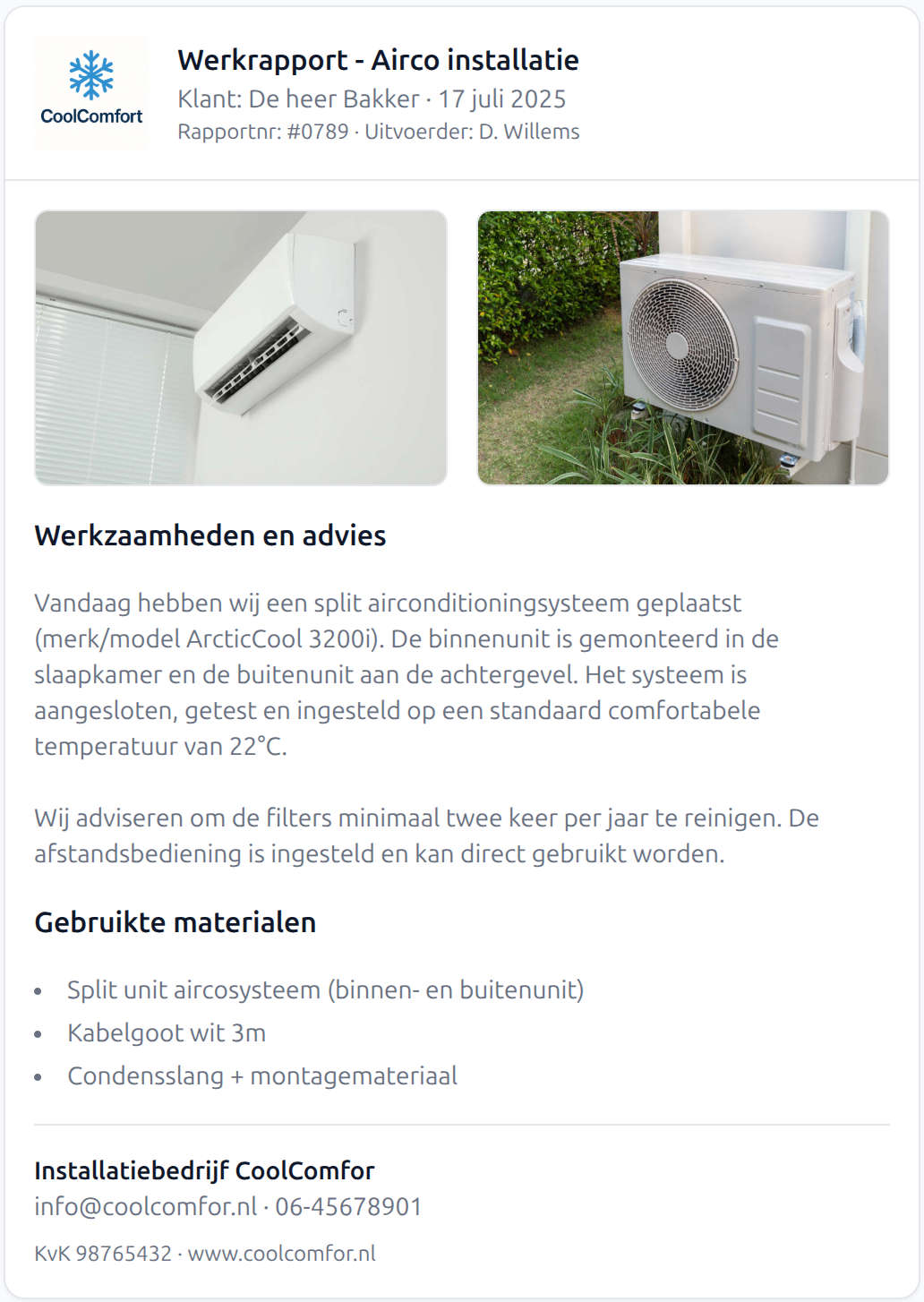 Voorbeeld werkrapport van airco installatie