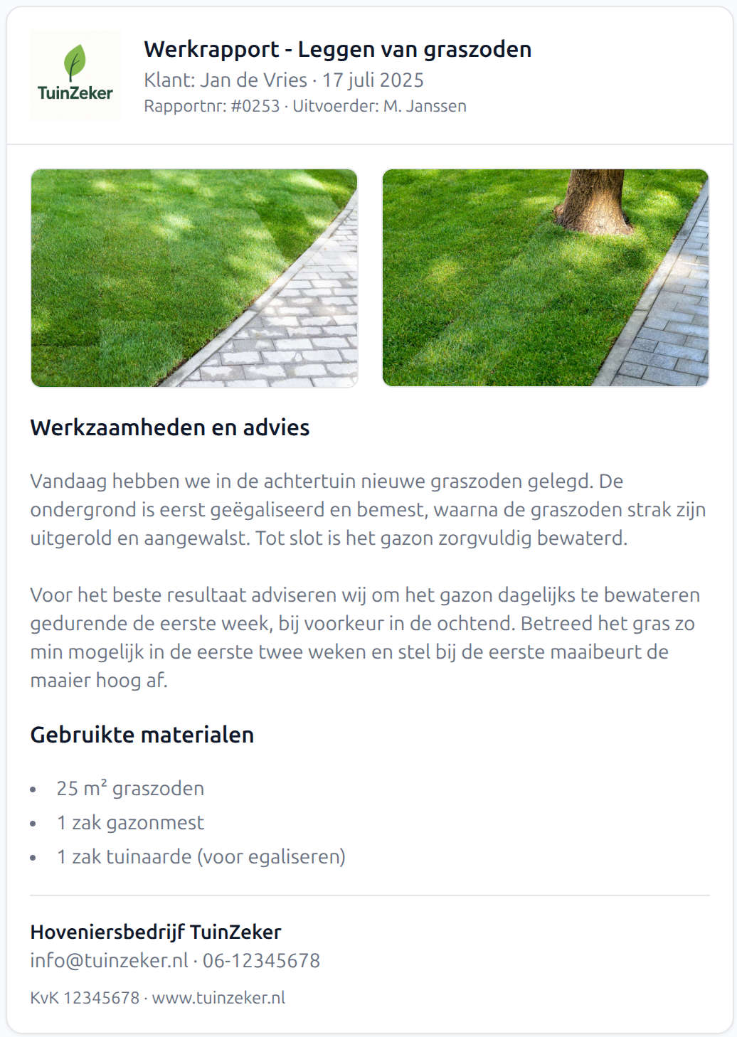 Voorbeeld werkrapport van hoveniersbedrijf