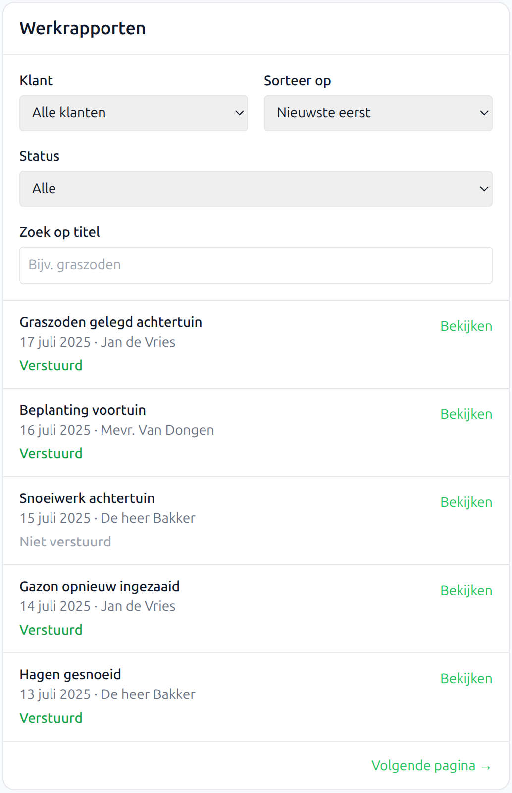 Scherm werkrapporten overzicht